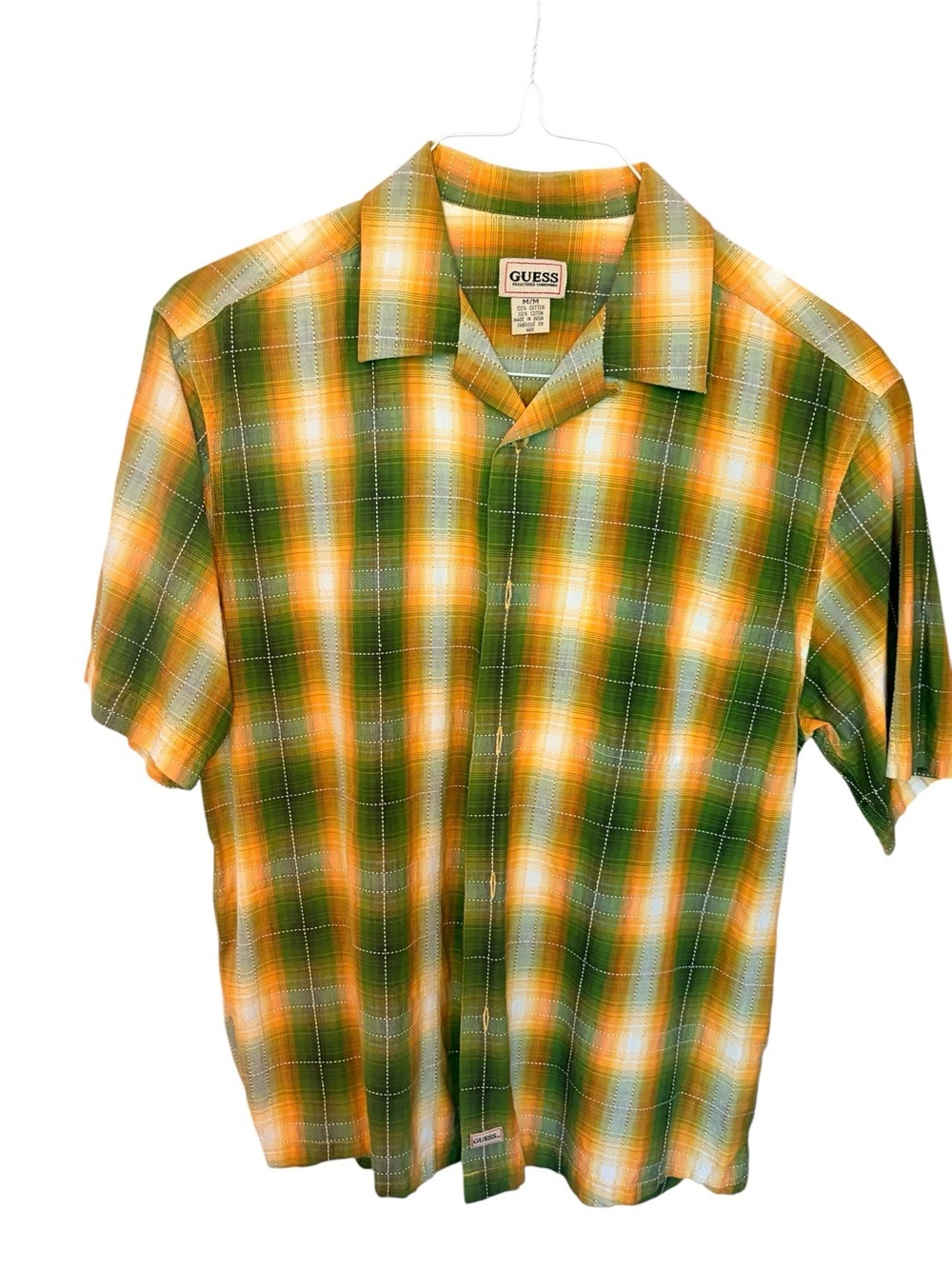 GUESS Green & Yellow Plaid Short Sleeve Button-Down Shirt